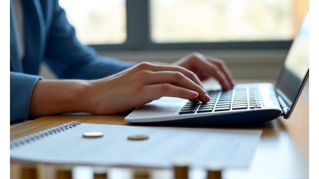 Persona manejando sus finanzas con calculadora y computadora